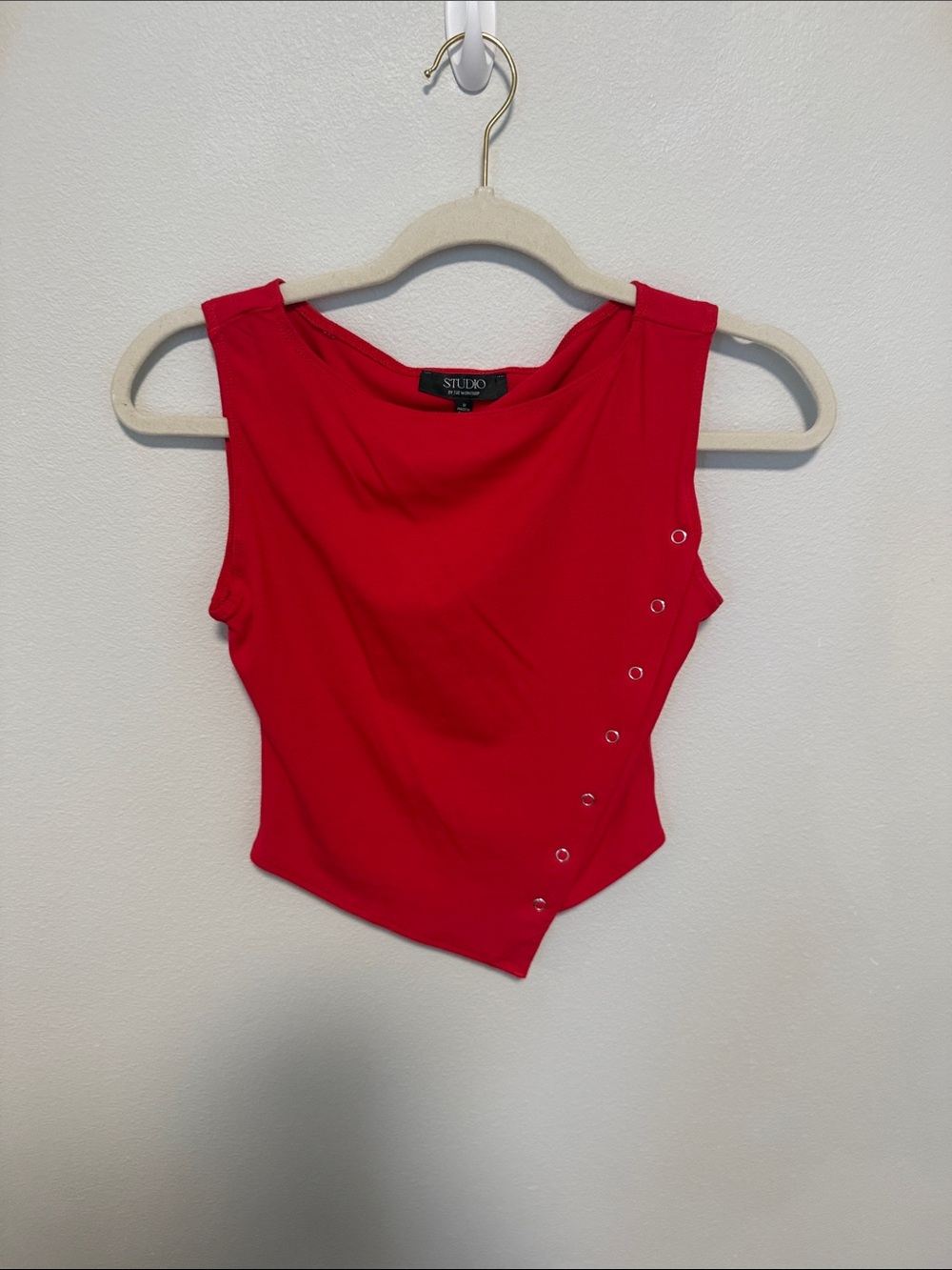 Studio Bold Red Asymmetrical Eyelet Tank